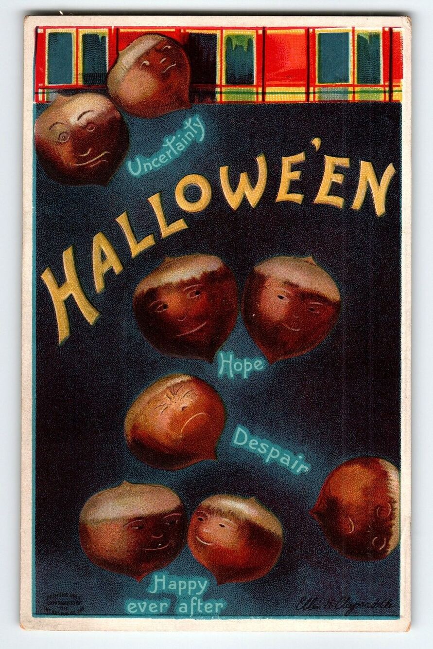Vintage Ellen Clapsaddle 1907 Halloween Lithograph Postcard with Chestnut Faces